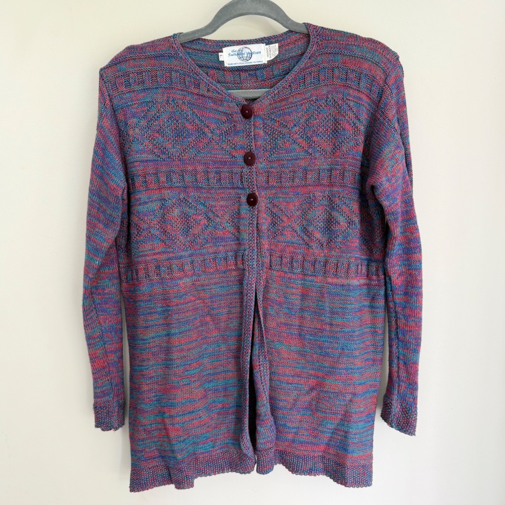 Vintage The Sweater Venture Cardigan Southwest Marled Knit 100% Cotton SZ Large
